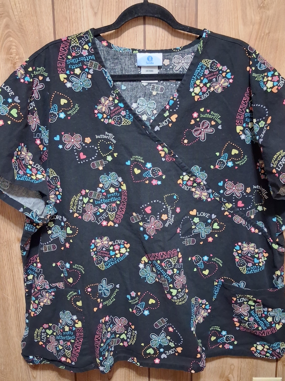 Black Scrub Top Summer Butterflies Heart Love Ice Cream 3X SB Scrubs